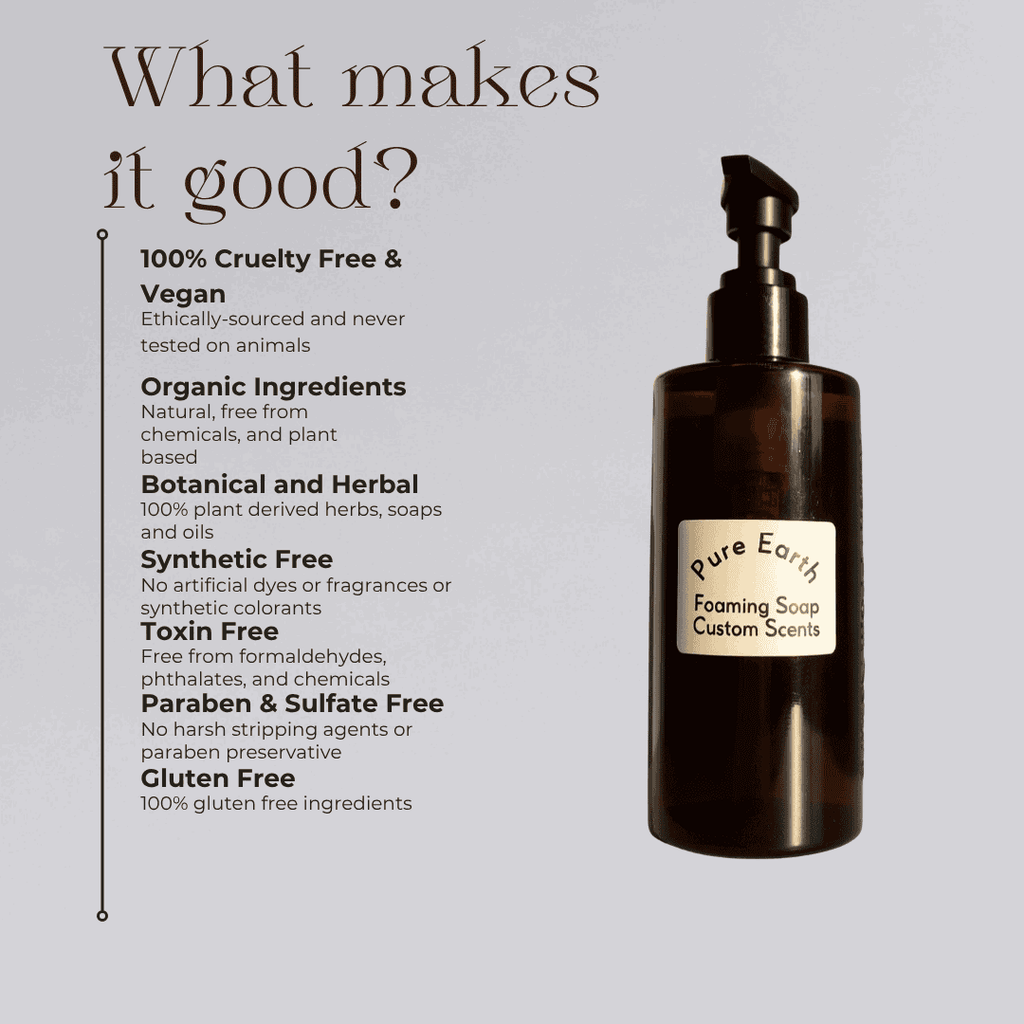 Pure Earth foaming soap bottle with natural product details list.